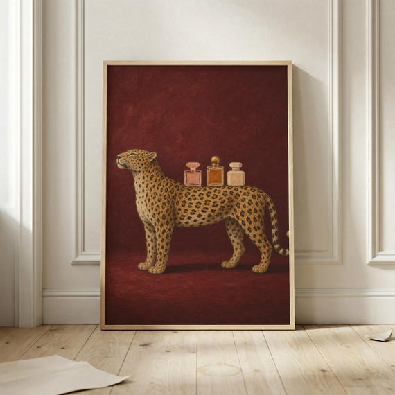 Leopard Perfume Poster Surreal Animal Wall Art Burgundy Maximalist Print Vintage Vanity Decor Fashion Fragrance Illustration