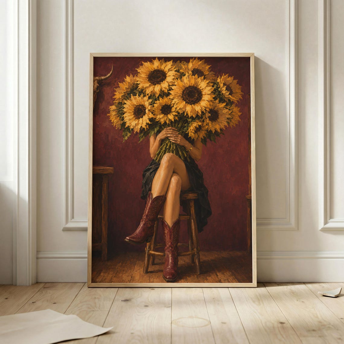 Western Cowgirl Sunflower Bouquet Cowboy Boots Rustic Art Poster