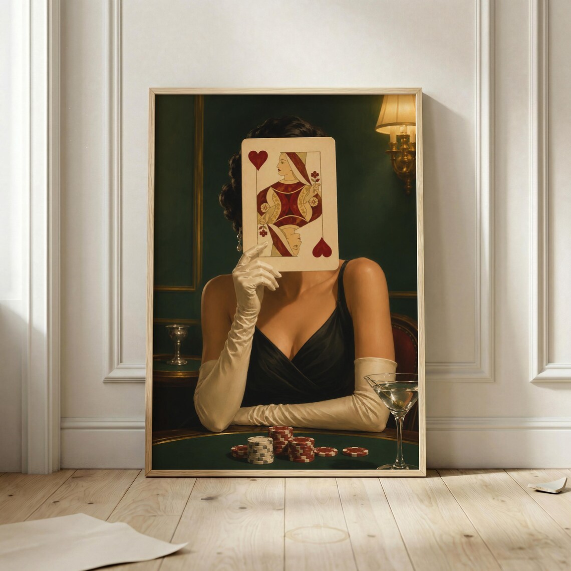 Queen Of Hearts Casino Poster Glamorous Woman Wall Art Poker Night Print Dark Green Retro Cocktail Bar And Lounge Decor