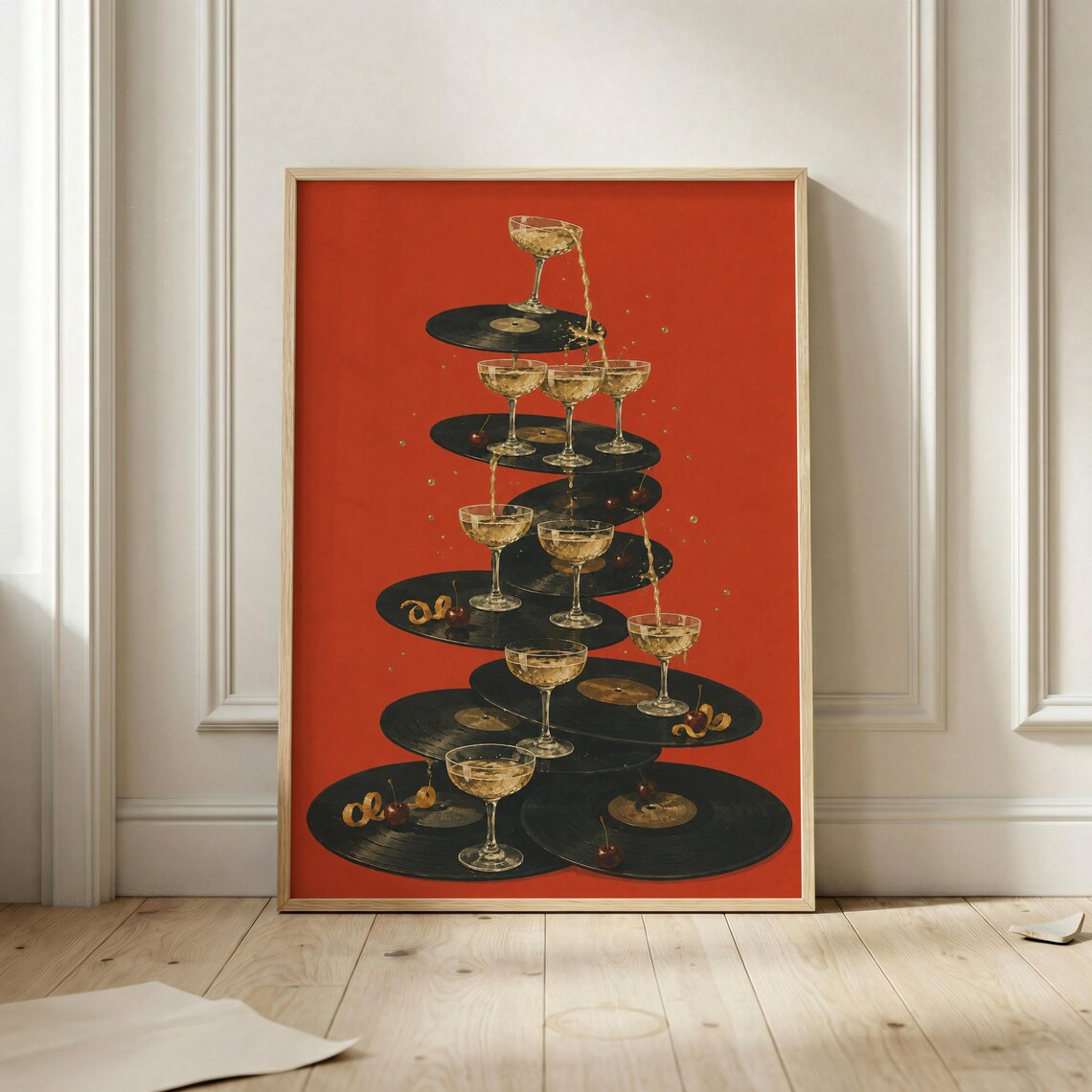 Champagne Tower Poster, Retro Cocktail Wall Art