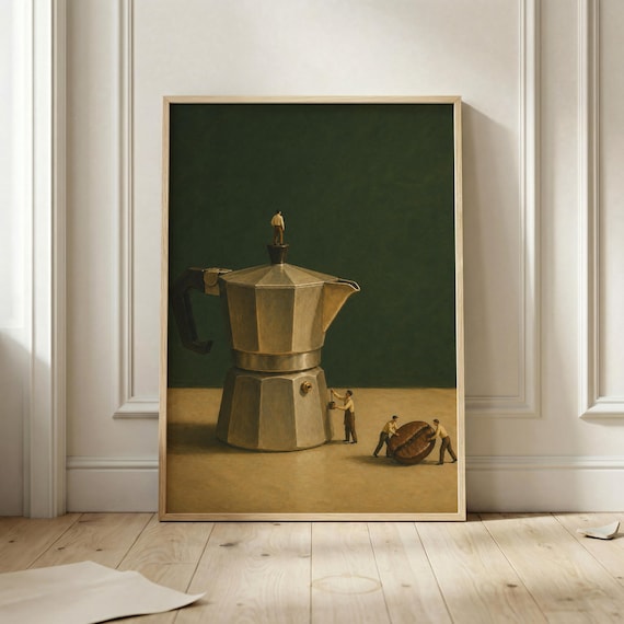Surreal Giant Moka Pot Tiny Workers Coffee Bean Vintage Poster
