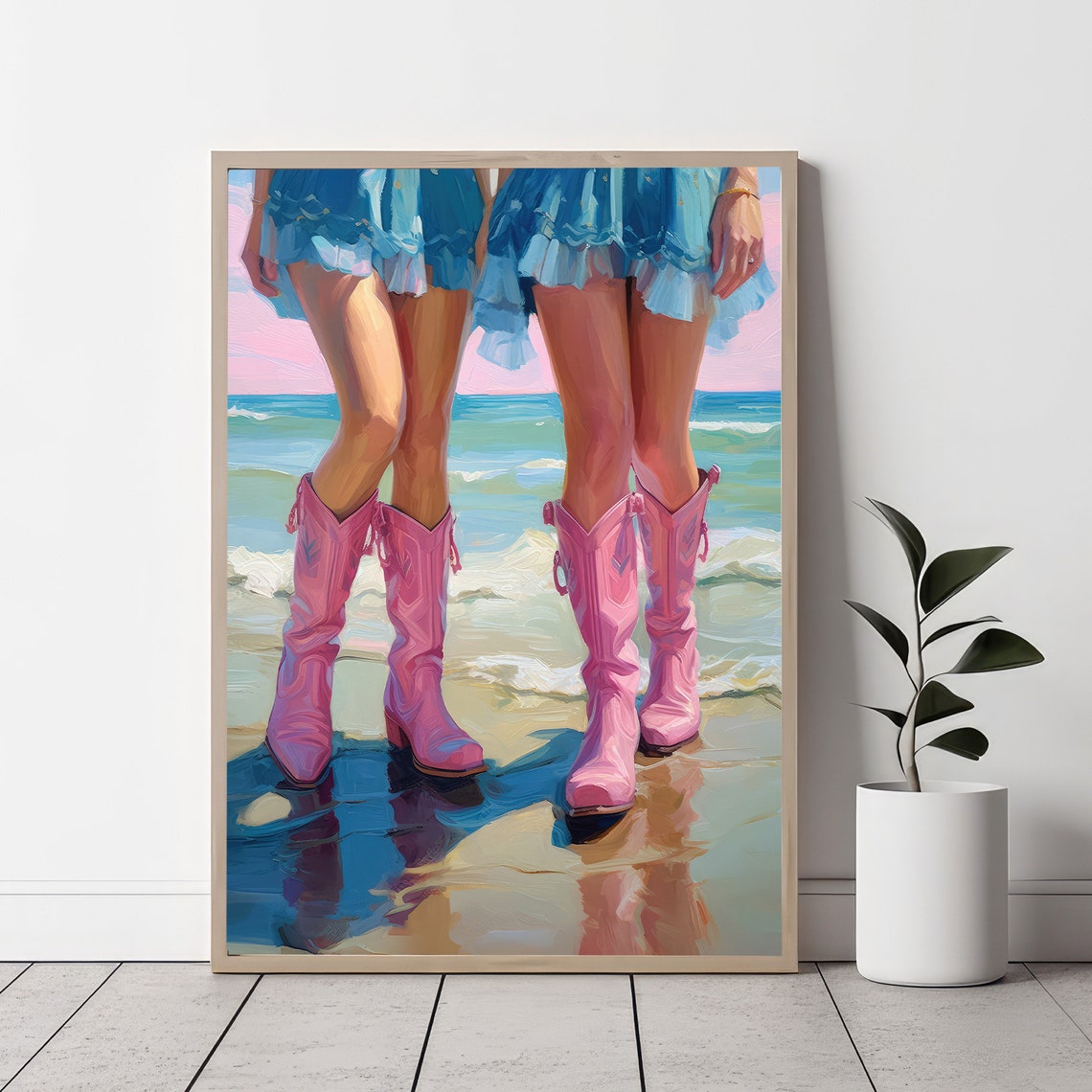 Dorm Western Girl Room Wall Art Coastal Cowgirls Preppy Print Pink Boots Oil Painting Poster Sorority Wall Art Decor