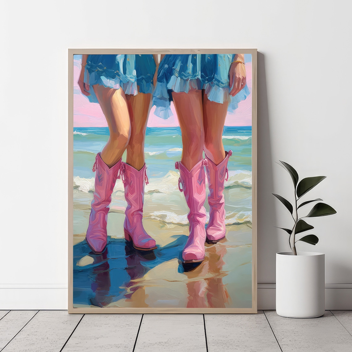 Pink Cowboy Boots Beach Painting Coastal Cowgirl Friends Wall Art