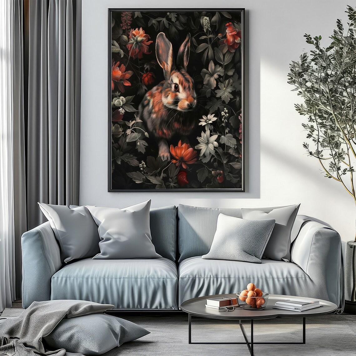 Woodland Rabbit Among Red Blooms Dark Floral Botanical Art Poster - Image 3