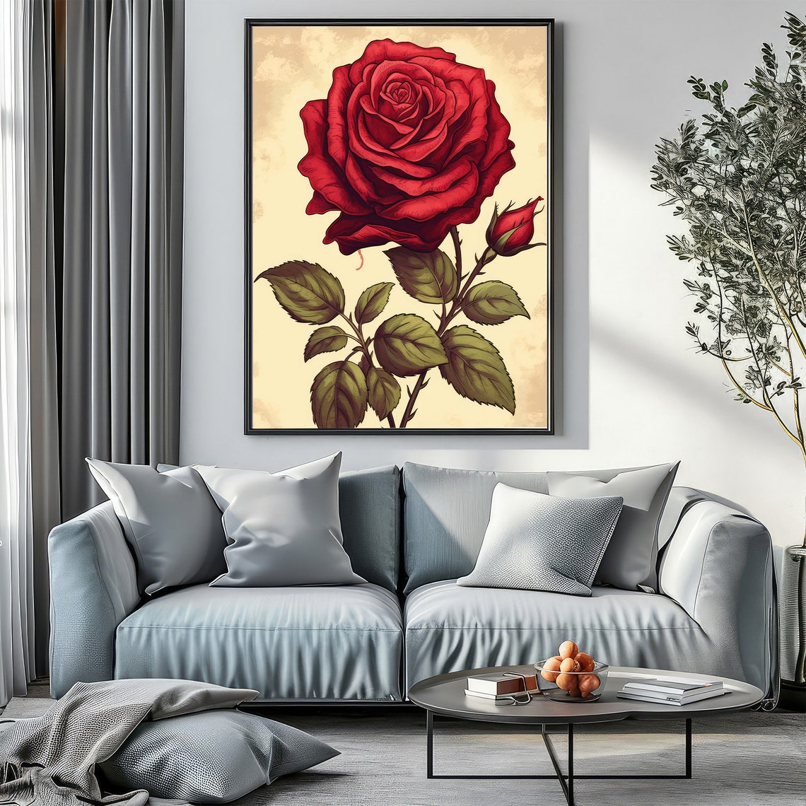 Dramatic Large Red Rose Bloom Vintage Botanical Floral Art Poster - Image 2