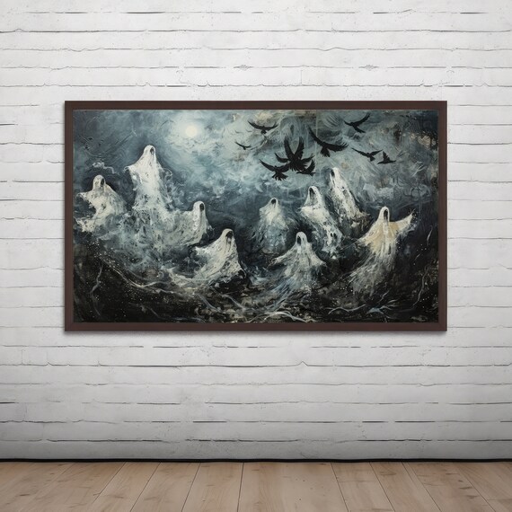 Haunted Floating Ghosts Under Full Moon With Black Crows Poster