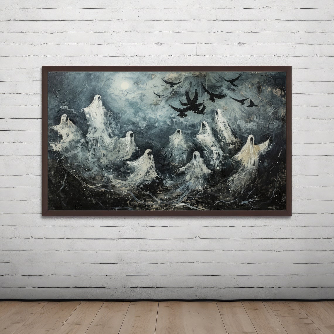 Haunted Floating Ghosts Under Full Moon With Black Crows Poster