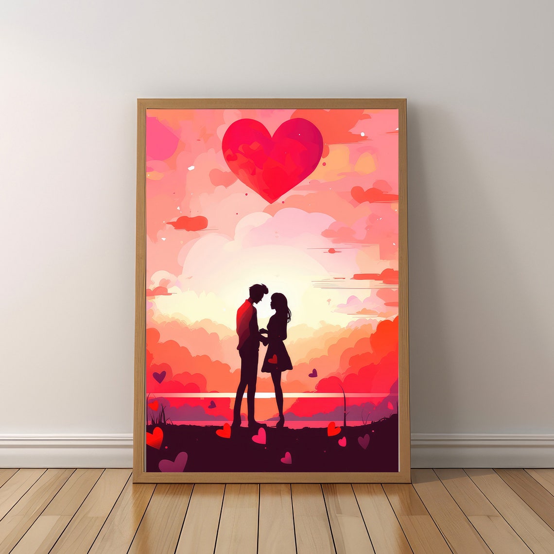 Romantic Couple Silhouette Pink Sunset With Floating Hearts Poster - Image 6