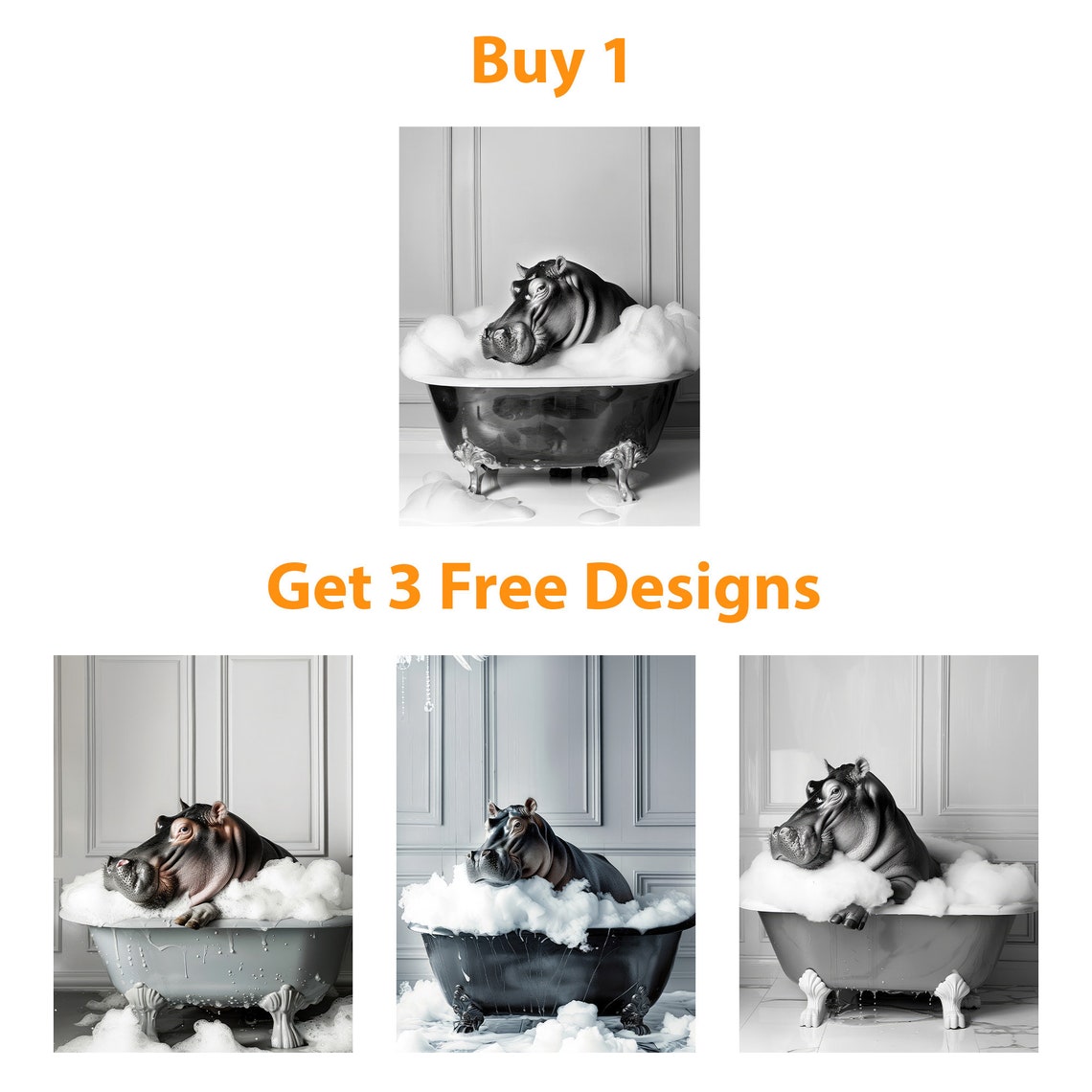 Happy Hippo Relaxing In Bubble Bath Black And White Funny Poster - Image 6