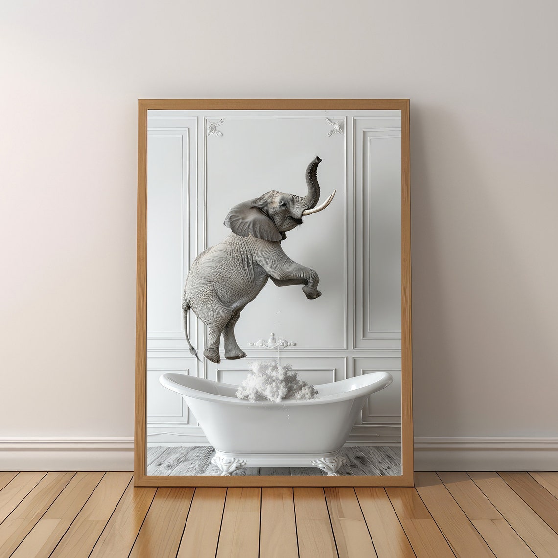 Baby Elephant Jumping Into Bathtub Playful Nursery Animal Poster - Image 5