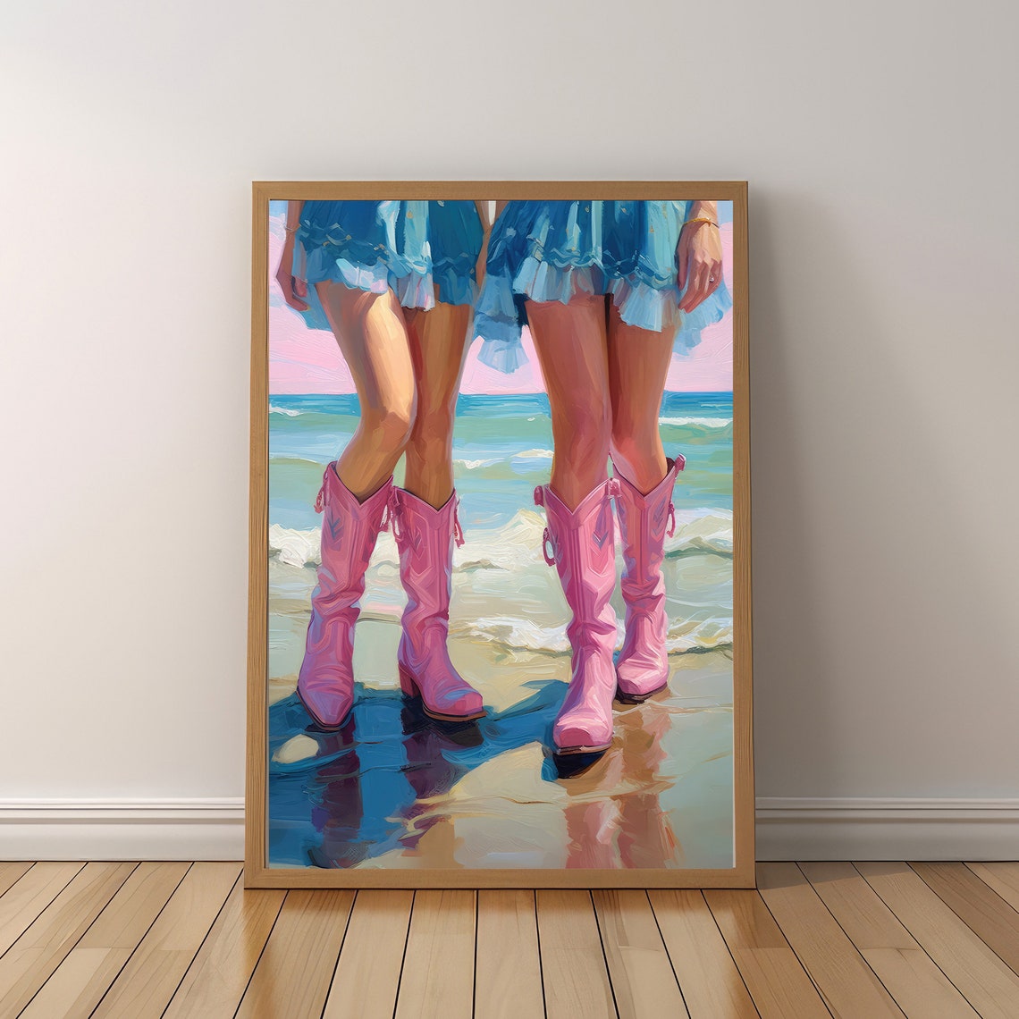 Pink Cowboy Boots Beach Painting Coastal Cowgirl Friends Wall Art - Image 6