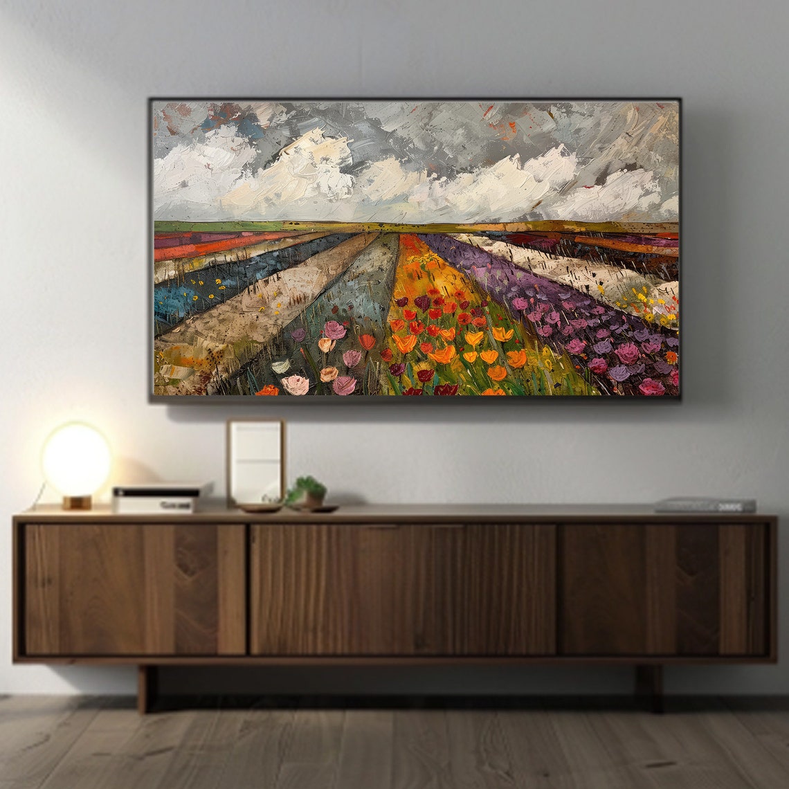 Vibrant Colorful Tulip Fields Under A Dramatic Cloudy Sky Poster - Image 5