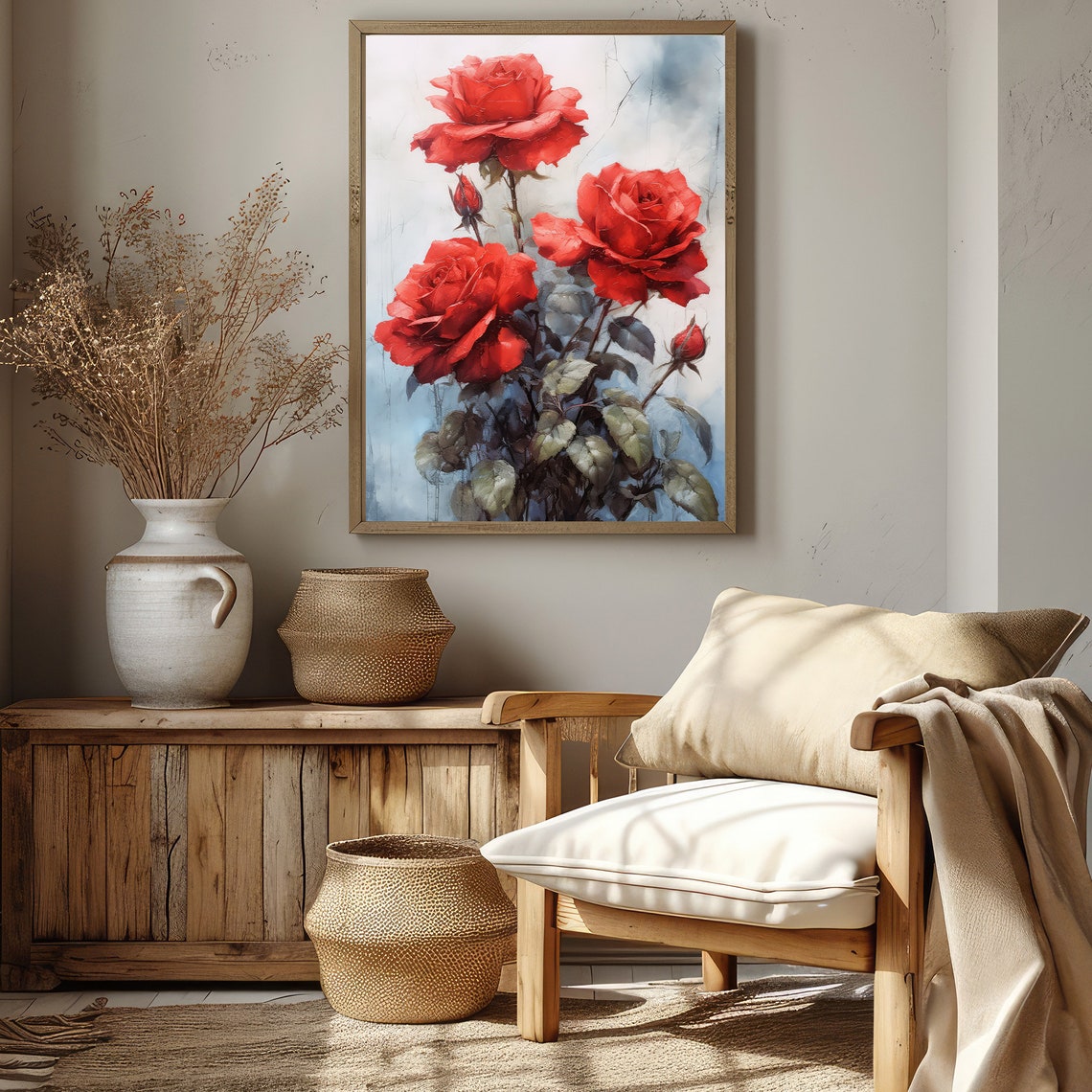 Vibrant Red Roses Bouquet Painterly Romantic Floral Art Poster - Image 3