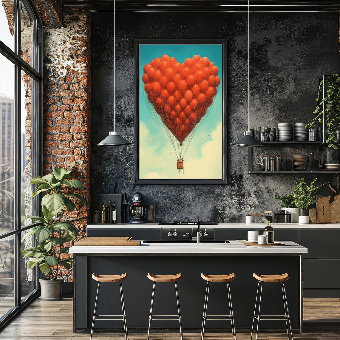Heart Shaped Red Balloon Hot Air Balloon Floating In Sky Poster - Image 2