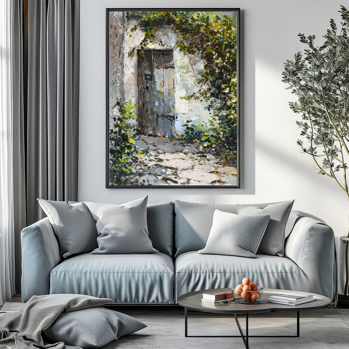 Old Wooden Door Covered In Vines Sunlit Courtyard Oil Art Poster - Image 2