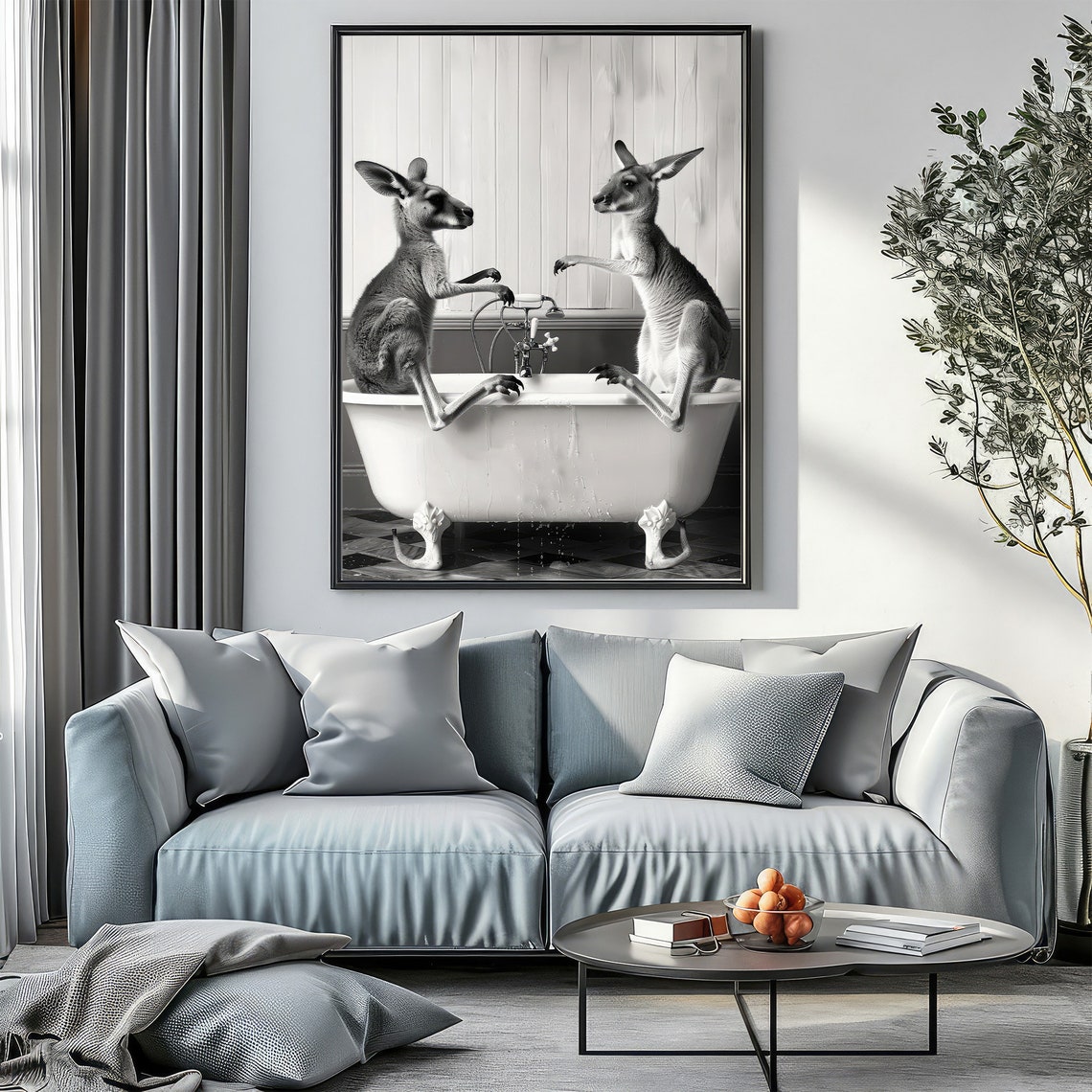 Two Kangaroos Sitting On Bathtub Black And White Funny Poster - Image 2