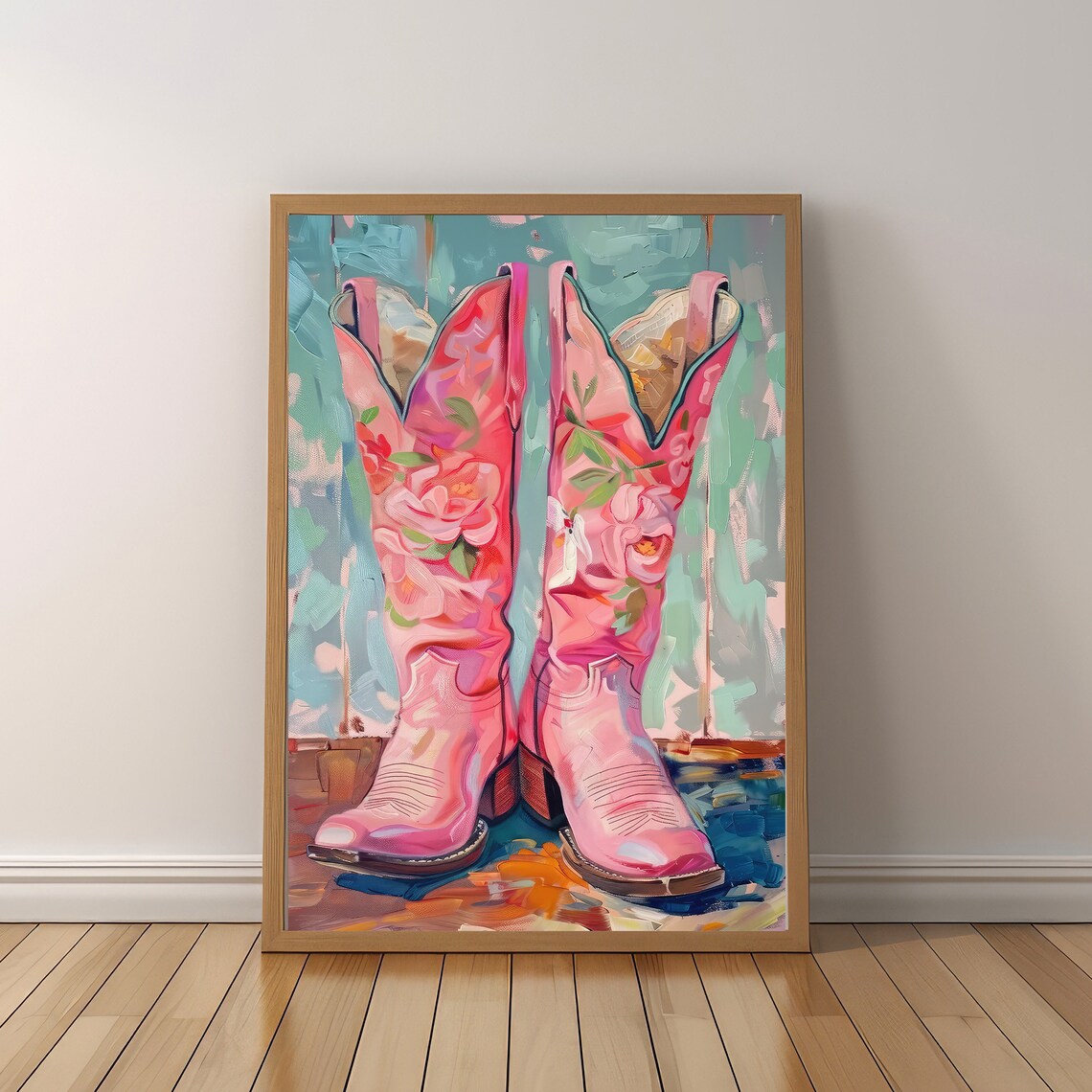 Pink Floral Cowboy Boots Western Painting Coastal Art Poster - Image 5