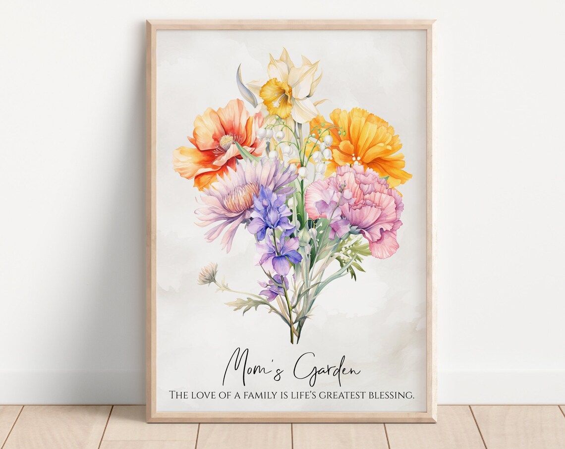 Mom's Garden Watercolor Flower Bouquet Poster Family Love Wall Decor