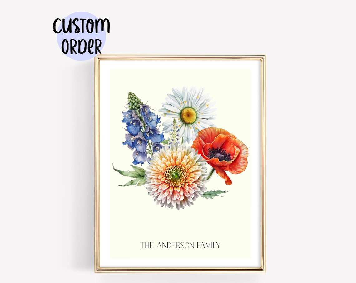 Personalized Family Name Watercolor Bouquet Poster Custom Floral Gift