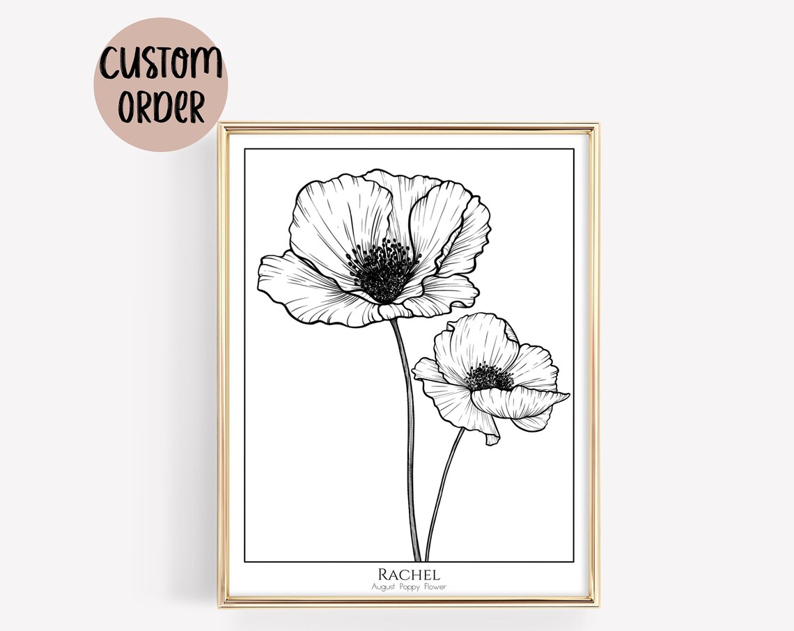 Rachel Personalized August Poppy Flower Black and White Line Poster