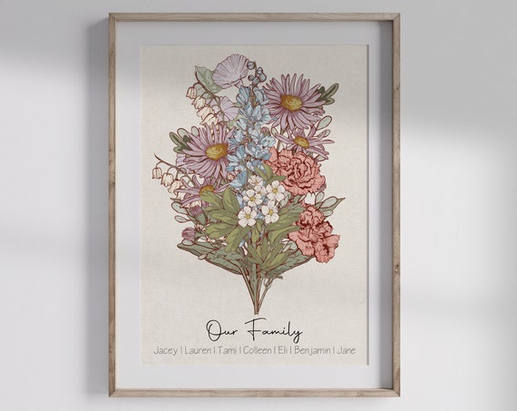 Our Family Birth Flower Bouquet, Grandma's Garden Art Print