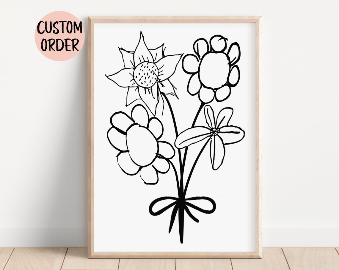 Doodle Flower Bouquet Childlike Line Art Black White Fun Poster