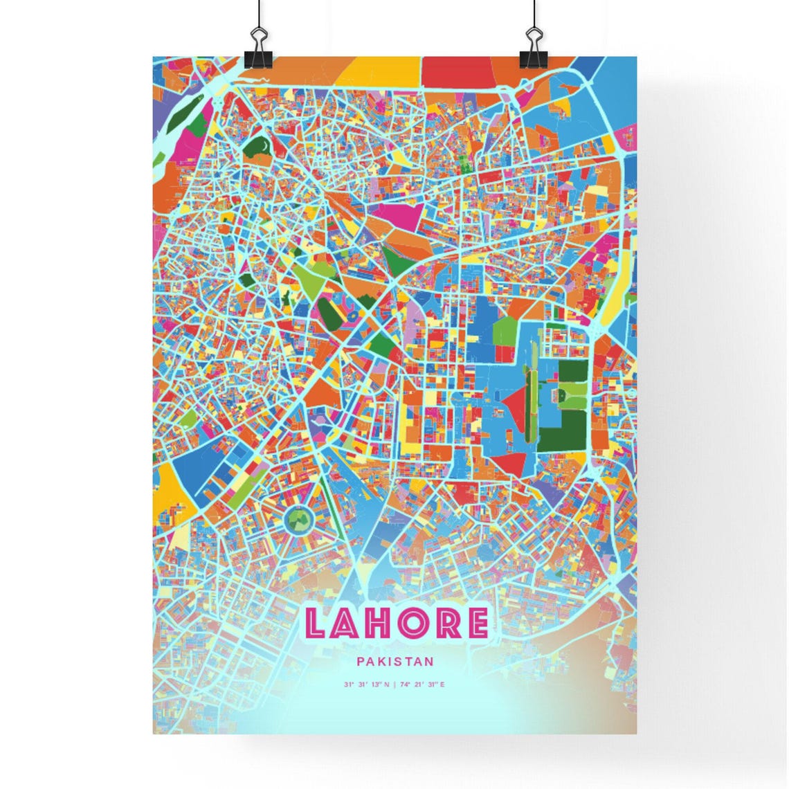 Lahore Pakistan Colorful City Map Art Poster in Pink and Turquoise - Image 3