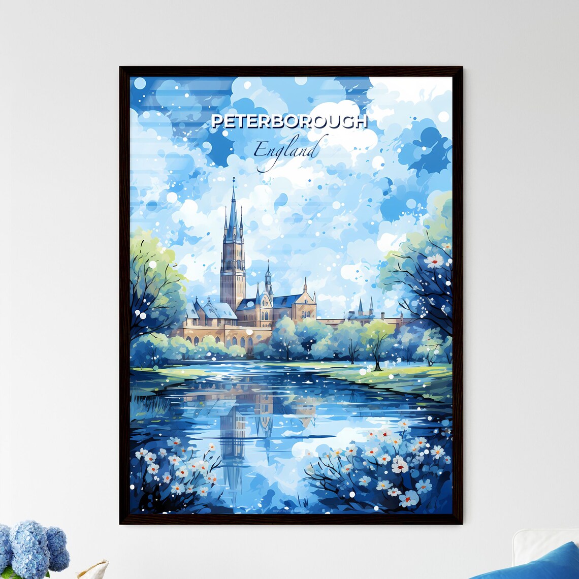Peterborough England Cathedral Blue River Spring Travel View Poster