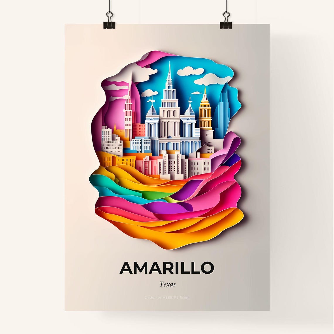Amarillo Texas Skyline Colorful Rainbow Paper Cut Art Poster - Image 4