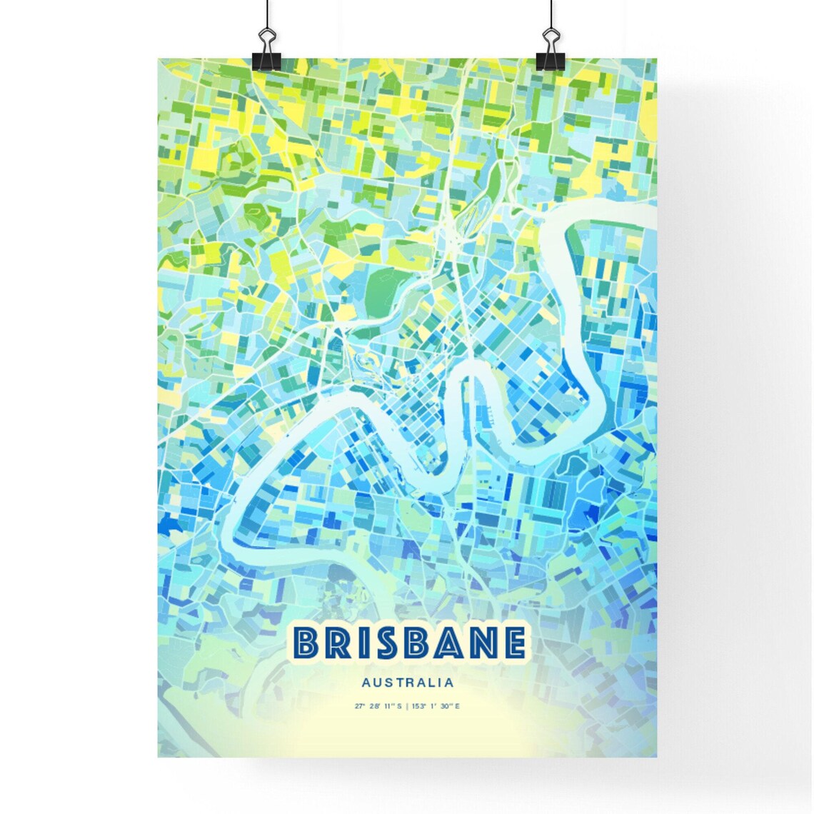 Brisbane Australia Pastel Blue City Map Art with Coordinates Poster - Image 3