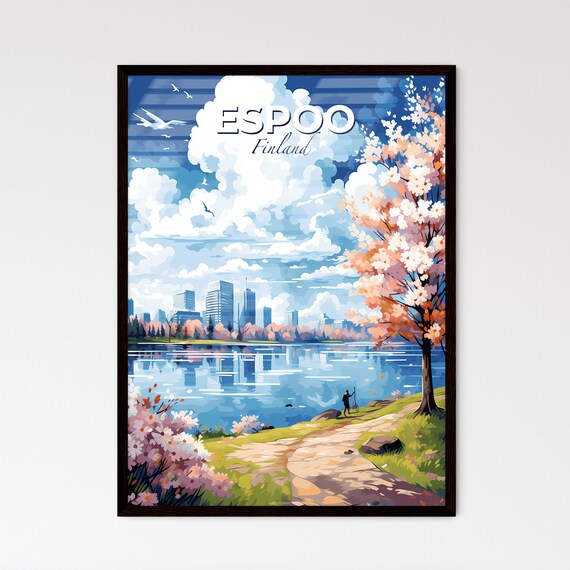Espoo Finland Lakeside Cherry Blossom Spring Travel Poster Art
