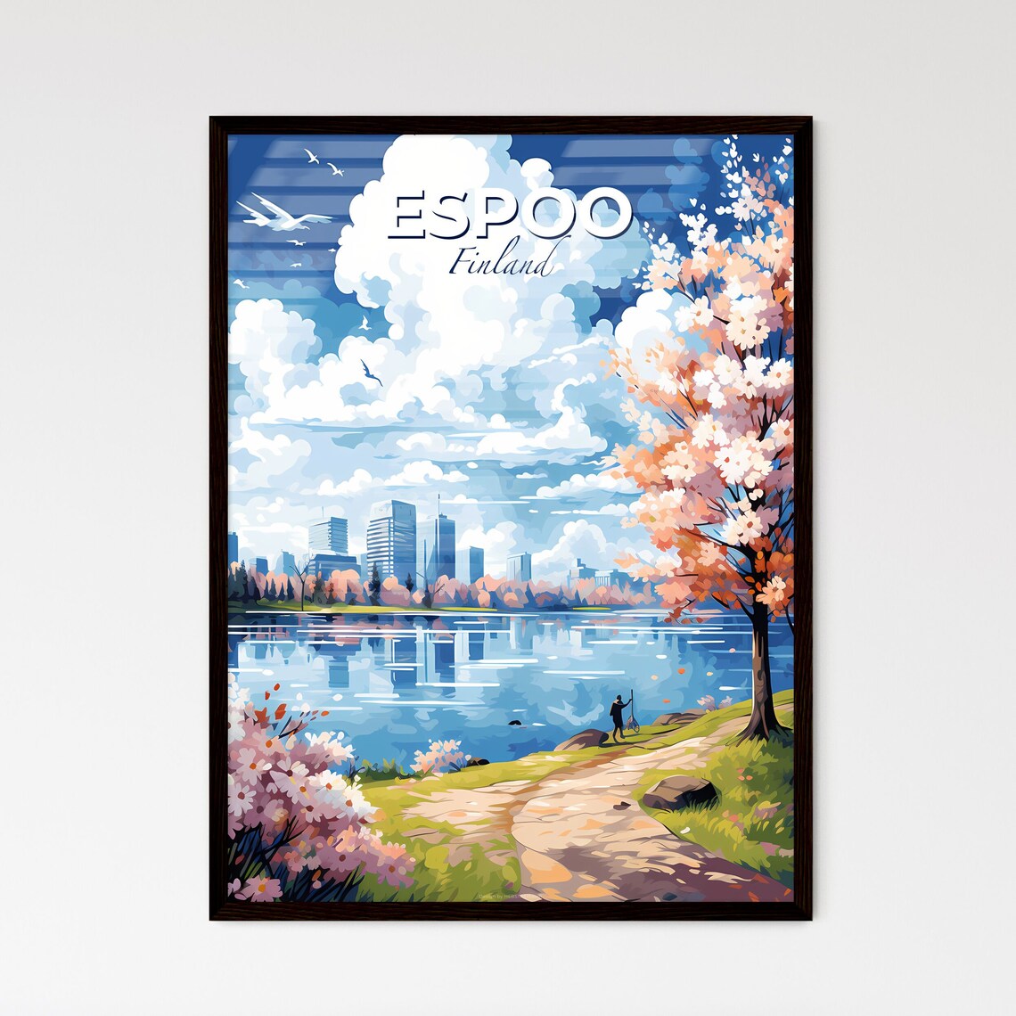 Espoo Finland Lakeside Cherry Blossom Spring Travel Poster Art