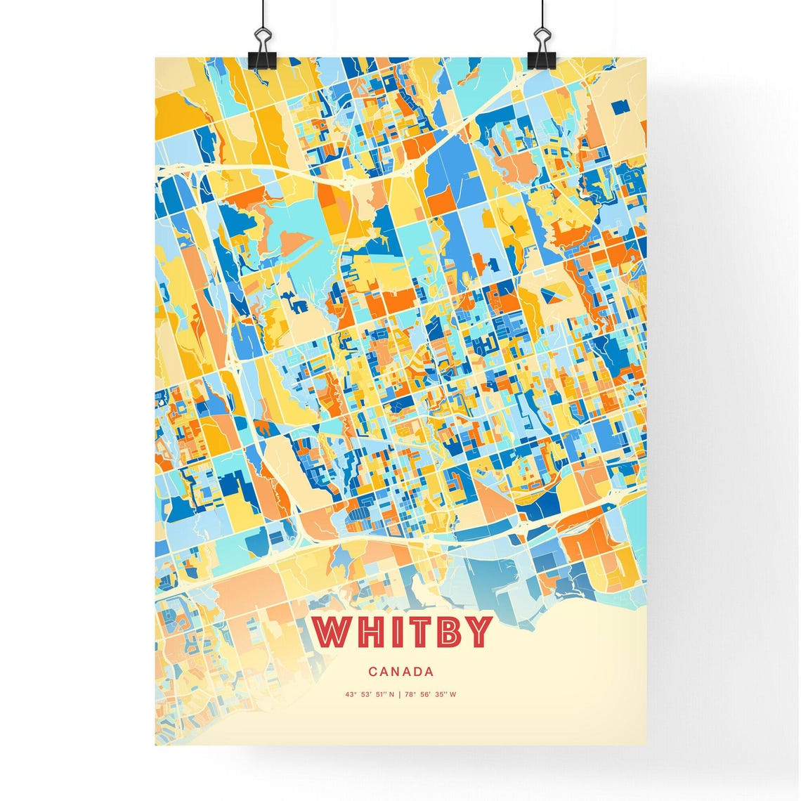 Whitby Canada Colorful City Map Poster Blue Orange Ontario Wall Decor - Image 3