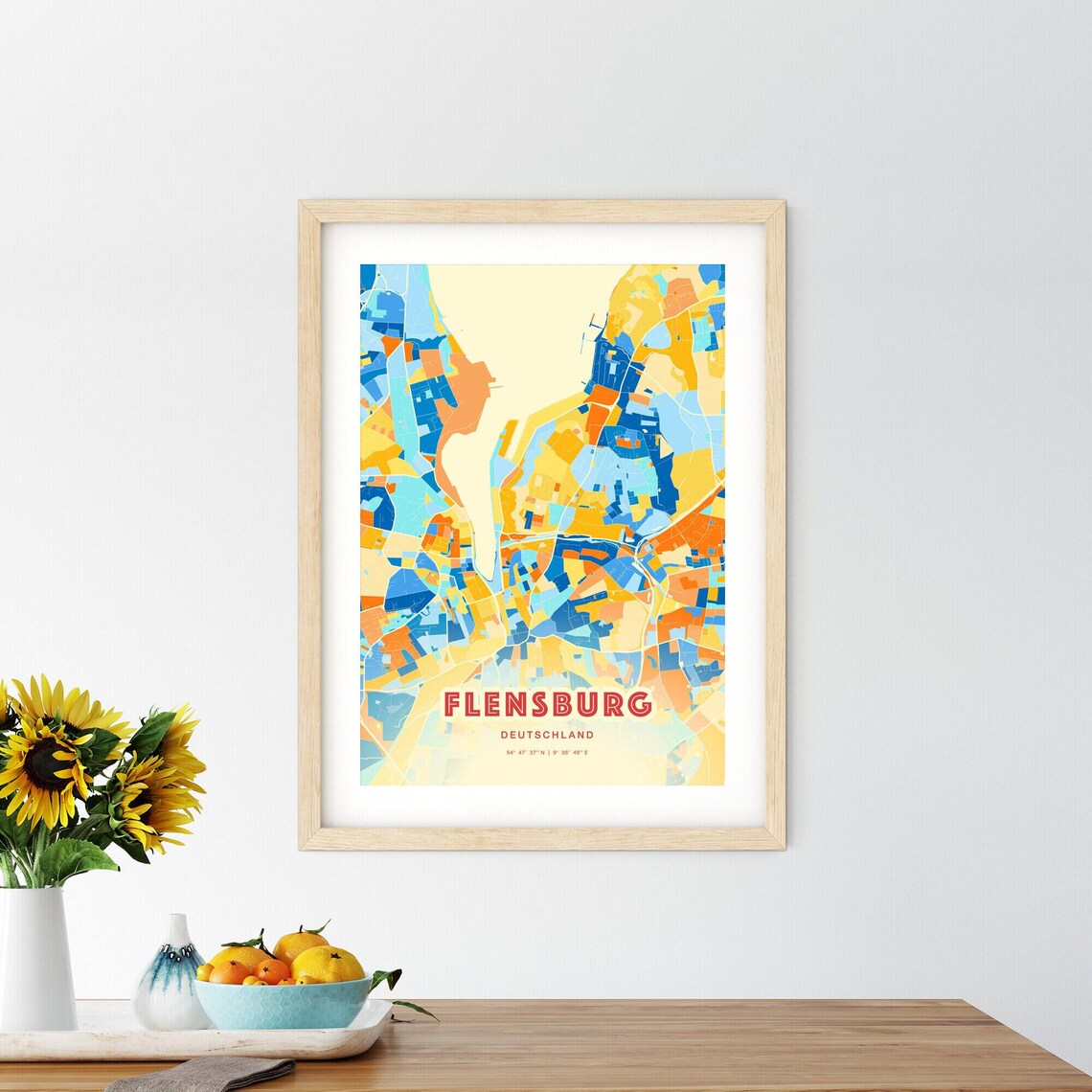 Flensburg Germany City Map Art Blue Orange Street Plan Wall Decor Poster - Image 2