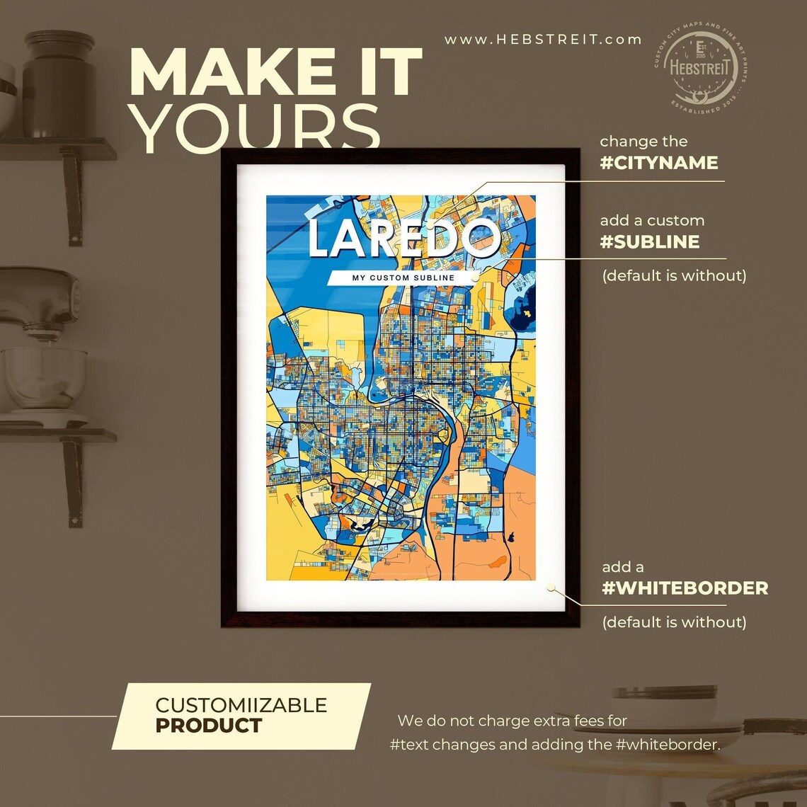 Laredo Texas Eye Catching Colorful City Street Map Art Poster - Image 2