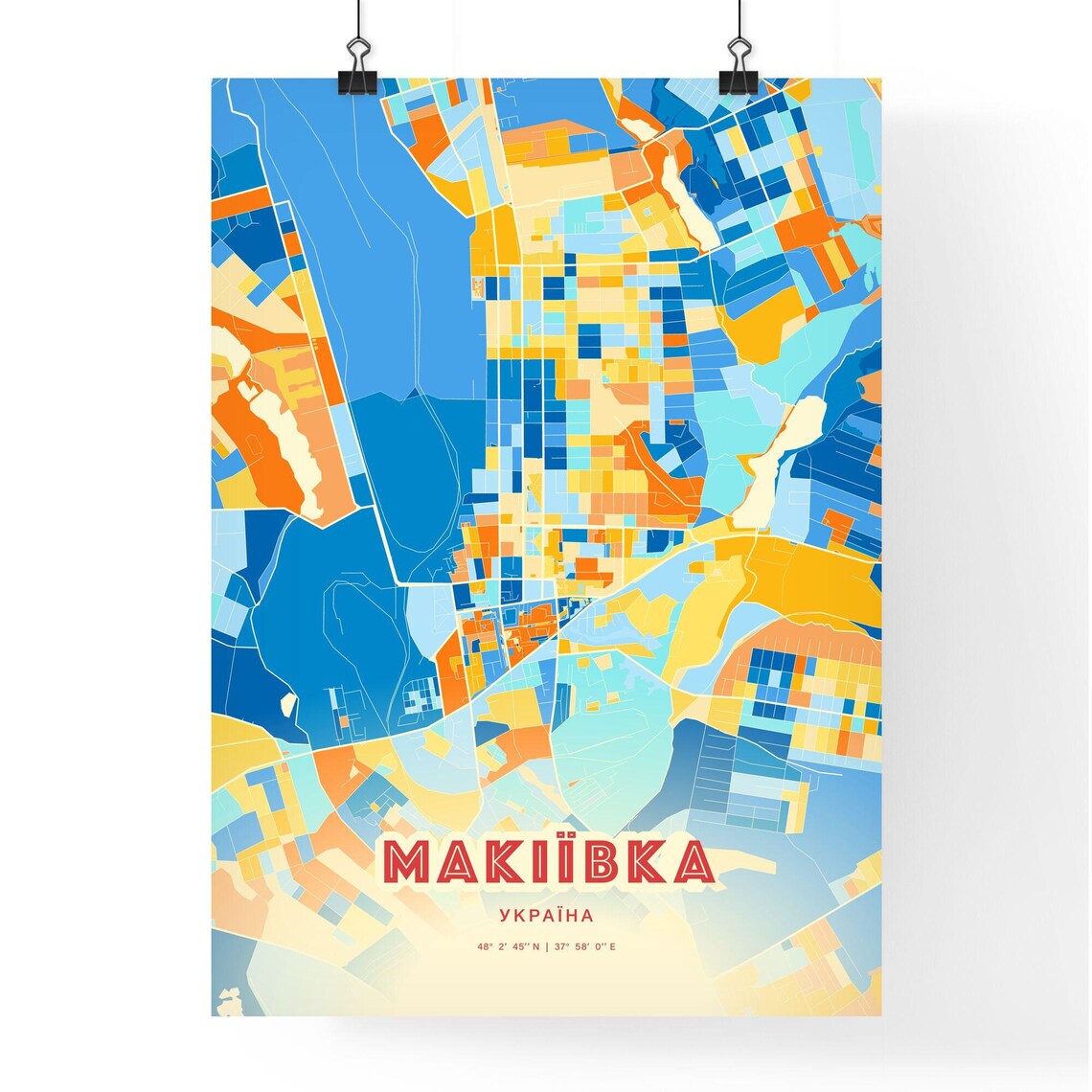 Makiivka Ukraine Blue Orange Colorful City Map Art Poster With Coordinates - Image 3