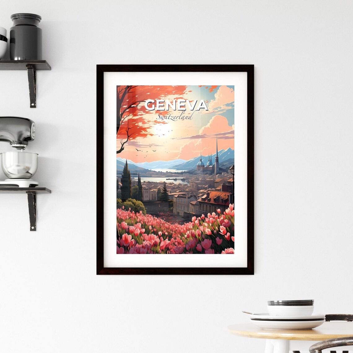 Geneva Switzerland Tulip Field Lake And Alps Sunset View Poster - Image 2