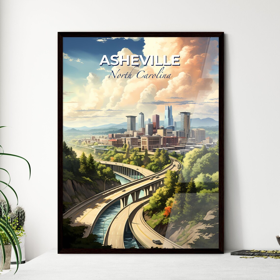 Asheville North Carolina Skyline Highway Overpass View Travel Poster