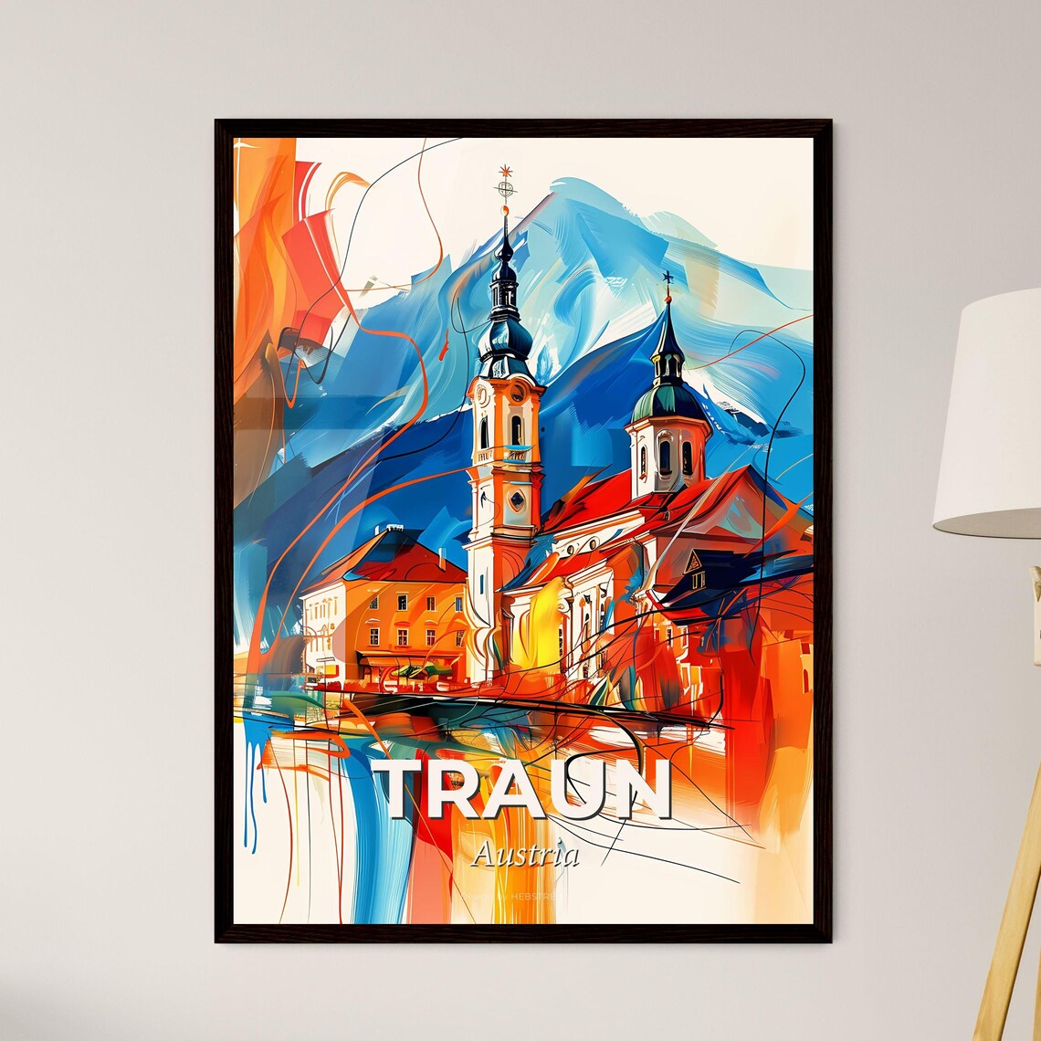 Traun Austria Colorful Abstract Church Towers Mountain Art Poster