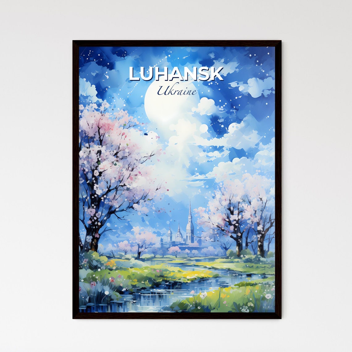 Luhansk Ukraine Moonlit Blossom River Landscape Travel Poster