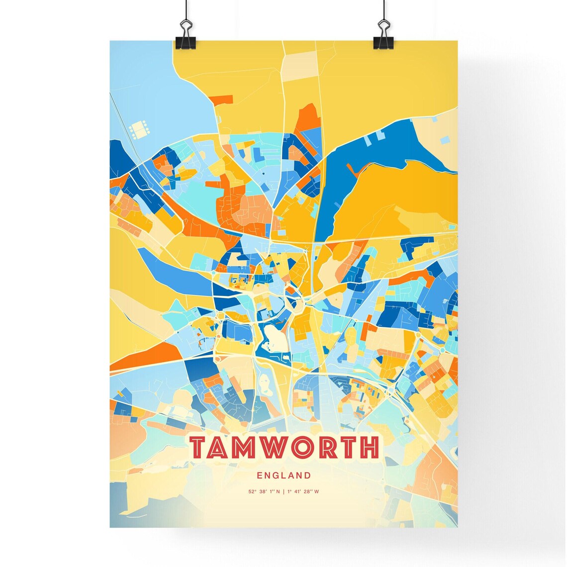 Tamworth England Colorful Blue and Orange Retro City Street Map Wall Art - Image 3