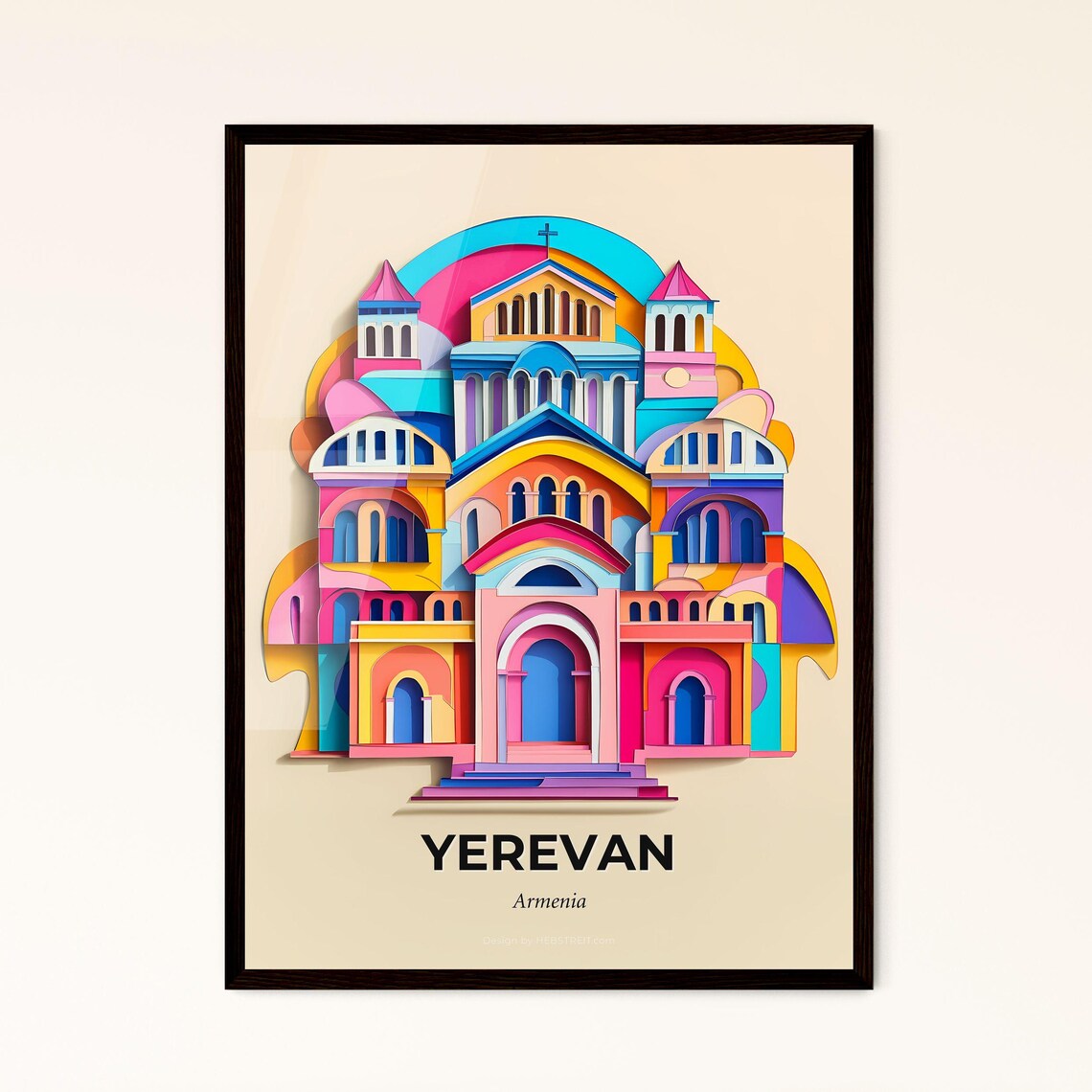 Yerevan Armenia Colorful Cathedral Vivid Arches Paper Cut Poster