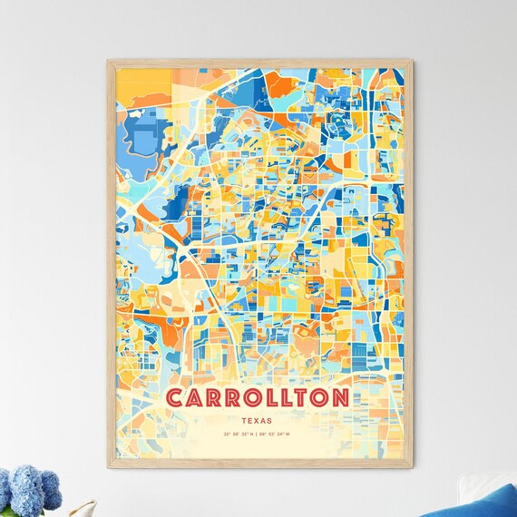 Carrollton Texas Colorful Modern Blue Orange City Map Art Poster