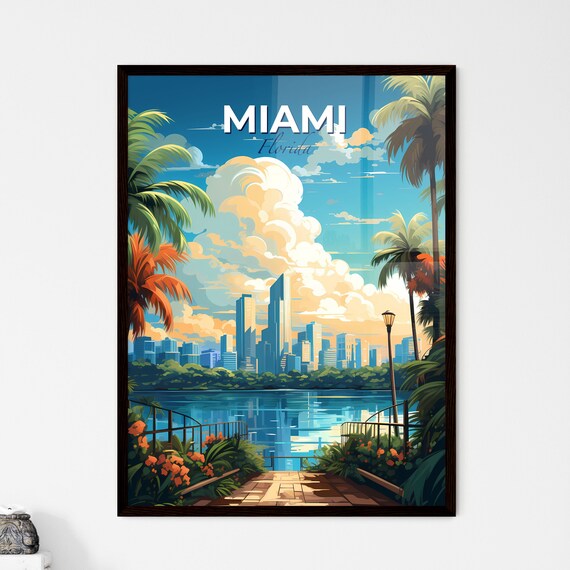 Miami Florida Skyline Poster Palm Trees Waterfront Vintage Travel Art