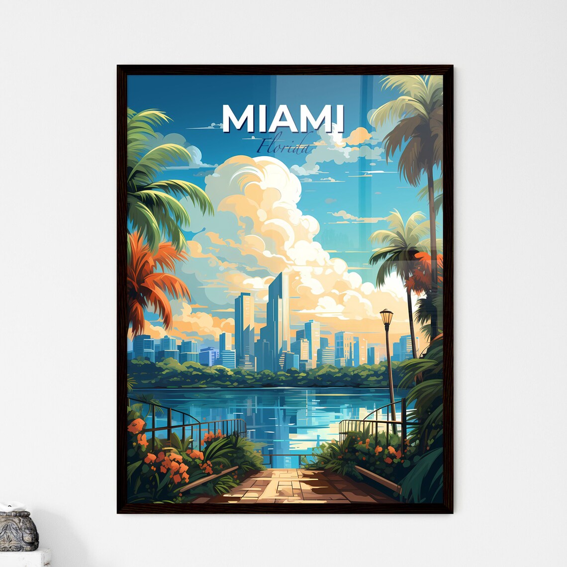 Miami Florida Skyline Poster Palm Trees Waterfront Vintage Travel Art