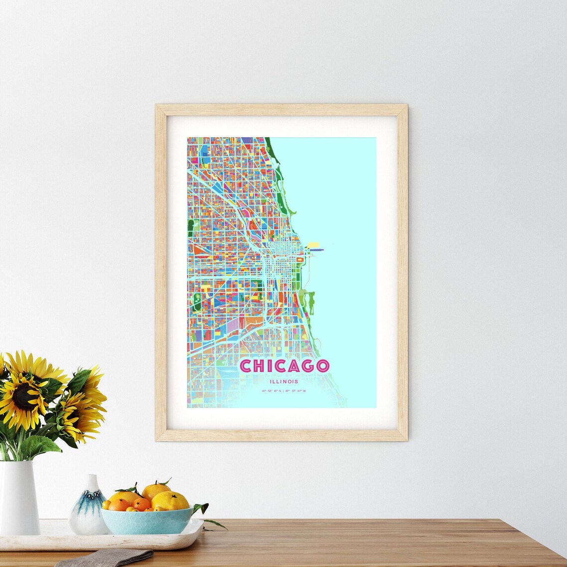 Chicago Illinois Colorful City Map Art Poster in Pink and Turquoise - Image 2