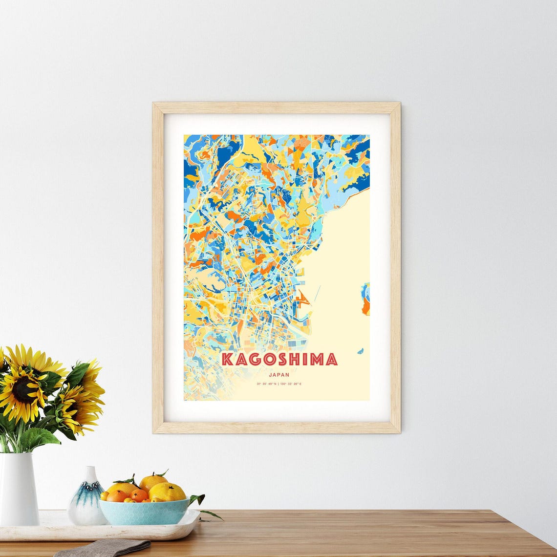 Kagoshima Japan City Map Art Poster Blue Orange Street Style - Image 2