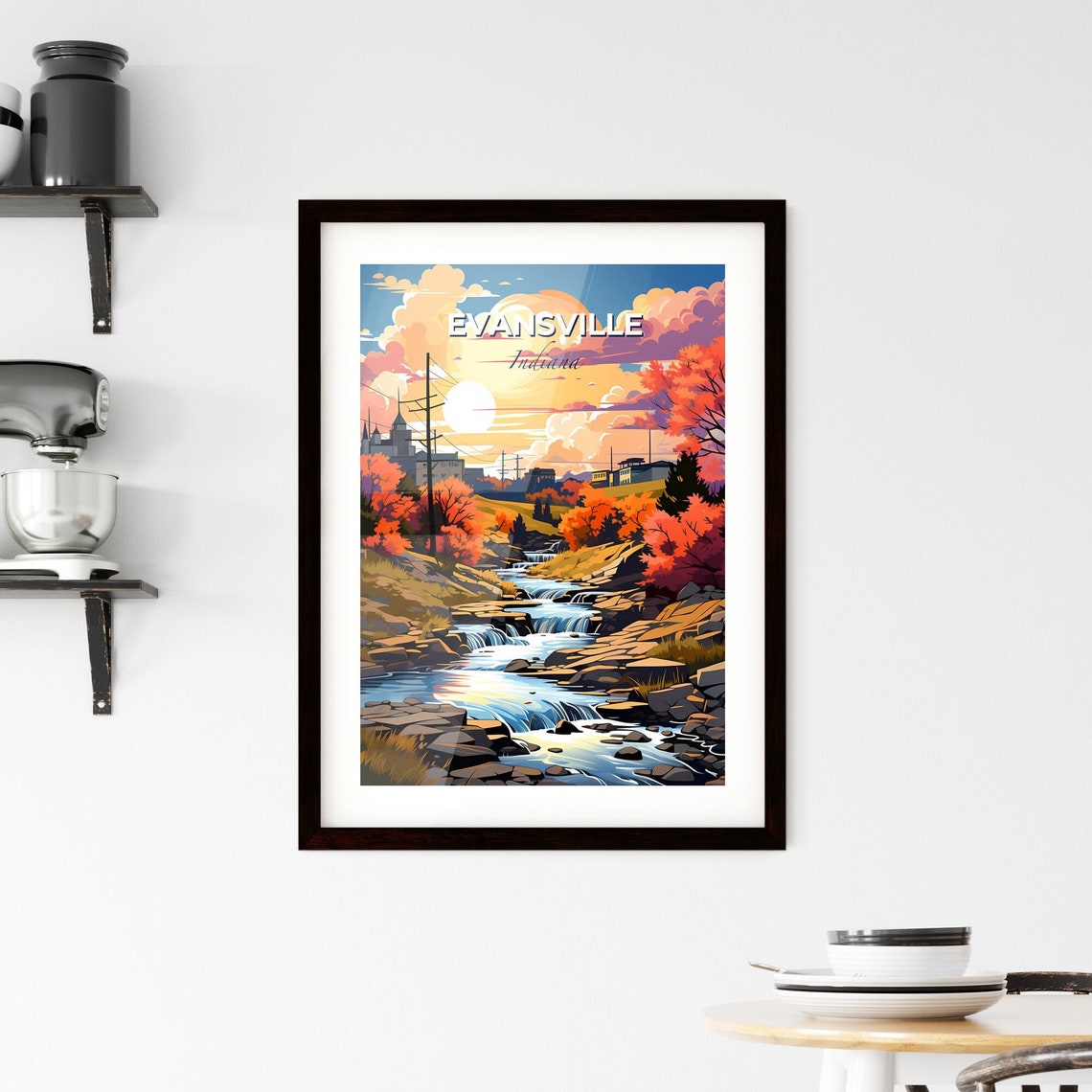 Evansville Indiana Waterfall Stream Autumn Sunset Travel Poster - Image 2