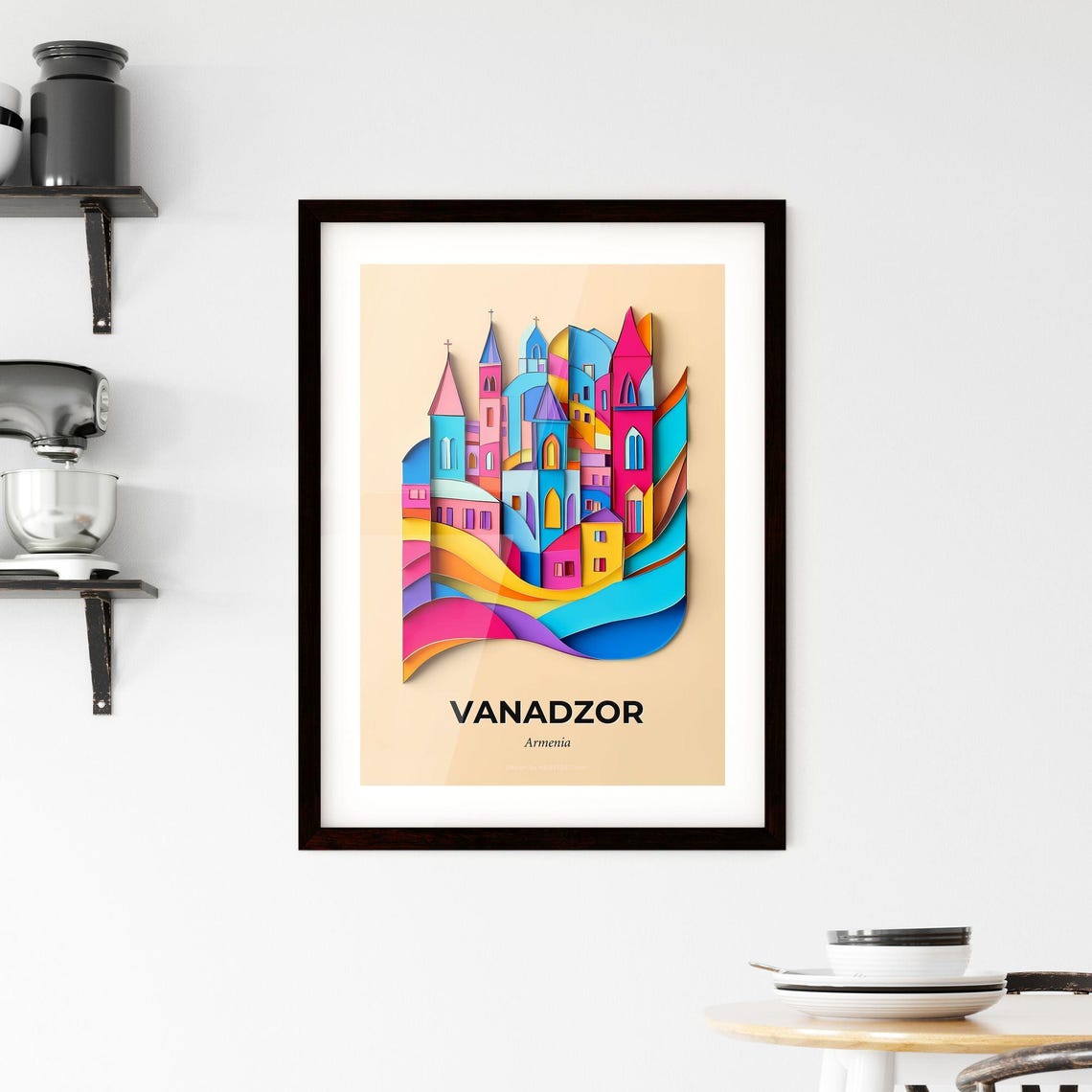 Vanadzor Armenia Colorful Churches Waves Paper Cut Art Poster - Image 2