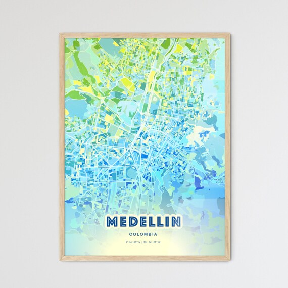 Medellin Colombia Abstract City Map Art Blue Green Pastel Travel Poster